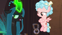Size: 1920x1080 | Tagged: safe, screencap, cozy glow, queen chrysalis, changeling, changeling queen, pegasus, pony, g4, the summer sun setback, aside glance, belly, crossed arms, duo, female, filly, flying, foal, glowing horn, horn