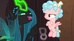 Size: 1920x1080 | Tagged: safe, screencap, cozy glow, queen chrysalis, changeling, changeling queen, pegasus, pony, g4, the summer sun setback, belly, crossed arms, duo, female, filly, flying, foal, glowing horn, horn, open mouth, raised hoof