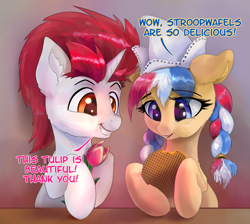Size: 1923x1724 | Tagged: safe, artist:xbi, oc, oc only, oc:ember, oc:ember (hwcon), oc:stroopwafeltje, earth pony, pony, unicorn, hearth's warming con, braid, commission, dialogue, duo, eating, flower, food, hat, milkhat, netherlands, red mane, stroopwafel, tulip, waffle
