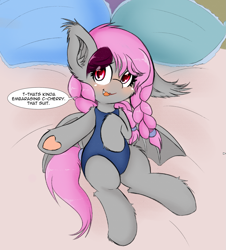 Size: 1831x2021 | Tagged: safe, artist:freefraq, oc, oc only, oc:lilac san, bat pony, pony, bat pony oc, bat wings, bed, blushing, braid, clothes, cute, fangs, female, frog (hoof), implied oc:cherry slime, mare, on bed, one-piece swimsuit, pillow, solo, swimsuit, twin braids, underhoof, wings