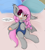 Size: 1831x2021 | Tagged: safe, artist:freefraq, oc, oc only, oc:lilac san, bat pony, pony, bat pony oc, bat wings, bed, blushing, braid, clothes, cute, fangs, female, frog (hoof), implied oc:cherry slime, mare, on bed, one-piece swimsuit, pillow, solo, swimsuit, twin braids, underhoof, wings