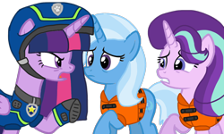 Size: 1440x866 | Tagged: safe, artist:徐詩珮, starlight glimmer, trixie, twilight sparkle, alicorn, pony, series:sprglitemplight diary, series:sprglitemplight life jacket days, series:springshadowdrops diary, series:springshadowdrops life jacket days, g4, alternate universe, angry, base used, chase (paw patrol), clothes, female, lifejacket, paw patrol, simple background, spy chase (paw patrol), transparent background, twilight sparkle (alicorn)