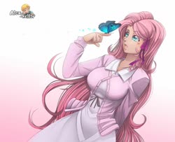 Size: 1280x1038 | Tagged: safe, artist:alex-kellar, fluttershy, butterfly, human, g4, arm behind back, big breasts, breasts, busty fluttershy, crossover, fate/stay night, female, humanized, open mouth, sakura matou, solo