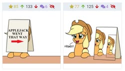 Size: 1034x587 | Tagged: safe, artist:mkogwheel edits, edit, applejack, earth pony, pony, derpibooru, g4, applejack's sign, cute, daaaaaaaaaaaw, droste effect, female, howdy, jackabetes, juxtaposition, juxtaposition win, leaning, looking up, mare, meme, meta, open mouth, parody, recursion, sign, silly, silly pony, simple background, smiling, solo, table, weapons-grade cute, white background, who's a silly pony