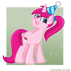 Size: 1239x1245 | Tagged: safe, artist:redpalette, oc, oc only, pony, unicorn, birthday, female, hat, mare, party hat, pink, smiling