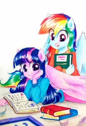 Size: 2322x3403 | Tagged: safe, artist:liaaqila, rainbow dash, twilight sparkle, equestria girls, g4, book, clothes, cute, dashabetes, duo, feather, female, high res, lying down, open mouth, ponied up, reading, science, studying, sweater, traditional art, twiabetes, twilight sparkle (alicorn)