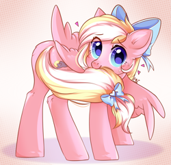 Size: 1535x1480 | Tagged: safe, artist:pledus, oc, oc only, oc:bay breeze, pegasus, pony, biting, blushing, bow, commission, cute, eye clipping through hair, eyebrows, eyebrows visible through hair, female, hair bow, looking at you, mare, ocbetes, pegasus oc, simple background, solo, tail, tail bite, tail bow, wings, ych result