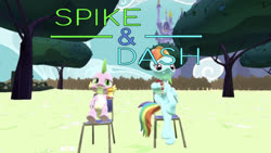 Size: 1160x652 | Tagged: safe, artist:undeadponysoldier, rainbow dash, spike, dragon, pegasus, pony, g4, brother and sister, can, canterlot, caption, chair, chillaxing, drake & josh, drink, duo, female, image macro, lidded eyes, male, mare, parody, siblings, sitting, soda can, text, title card, tree