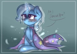 Size: 1536x1080 | Tagged: safe, artist:muna, trixie, pony, unicorn, g4, blushing, cape, clothes, crying, dialogue, female, hat, hoof on chest, horn, magic, mare, sitting, solo, trixie's cape, trixie's hat