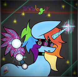 Size: 828x821 | Tagged: safe, artist:kittycatrittycat, rainbow dash, alicorn, pony, series:technology, g4, abstract background, alicornified, amputee, artificial wings, augmented, buttons, collar, female, glowing cutie mark, glowing horn, glowing wings, horn, lipstick, prosthetic limb, prosthetic wing, prosthetics, race swap, rainbowcorn, red button, solo, visor, wings