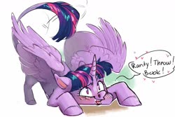 Size: 1280x854 | Tagged: safe, artist:maxiima, twilight sparkle, alicorn, pony, werewolf, g4, behaving like a dog, blushing, book, bookhorse, crouching, dialogue, fangs, female, heart, leonine tail, lesbian, majestic as fuck, offscreen character, ship:rarilight, shipping, silly, silly pony, simple background, solo, story included, tail wag, that pony sure does love books, twilight sparkle (alicorn), white background