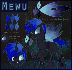 Size: 2000x1947 | Tagged: safe, artist:tiothebeetle, oc, oc only, oc:mewu, changeling, blue changeling, changeling oc, commission, fangs, guide, horn, male, male changeling, raised hoof, reference sheet, solo, wings
