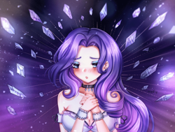 Size: 1920x1450 | Tagged: dead source, safe, artist:melfy, rarity, human, g4, abstract background, bare shoulders, beautiful, blushing, bra, breasts, bust, busty rarity, cleavage, clothes, collar, crystal, cuffs, cute, cutie mark, cutie mark accessory, diamond, female, humanized, indexed png, magic, raribetes, solo, underwear, ych result