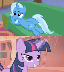 Size: 1280x1440 | Tagged: safe, edit, edited screencap, screencap, trixie, twilight sparkle, pony, unicorn, boast busters, g4, road to friendship, draw me like one of your french girls, female, golden oaks library, lesbian, ship:twixie, shipping, shipping domino, unicorn twilight