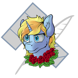 Size: 5000x5000 | Tagged: safe, artist:yognaughtsteve, oc, oc only, oc:skydreams, pony, unicorn, bust, cutie mark background, female, flower, mare, rose, simple background, solo, stare, transparent background, ych result