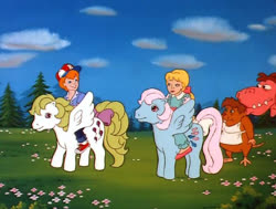 Size: 512x388 | Tagged: safe, screencap, danny williams, drudge, megan williams, surprise, wind whistler, human, pegasus, pony, rat, g1, my little pony 'n friends, the great rainbow caper, adoraprise, bow, clothes, cute, danny riding surprise, dannybetes, drudgeabetes, female, humans riding ponies, land, leggings, mare, megan riding wind whistler, megandorable, monster, pants, ponyland, riding, riding a pony, shoes, siblings, smiling, standing, tail bow, talking, whistlerbetes, williams siblings