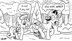 Size: 1200x675 | Tagged: safe, artist:pony-berserker, rarity, sweetie belle, pony, unicorn, pony-berserker's twitter sketches, g4, dialogue, female, filly, grey hair, lineart, mare, monochrome, partial color, sketch, surprised, the cmc's cutie marks