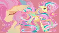 Size: 1920x1080 | Tagged: dead source, safe, artist:xigege, fluttershy, butterfly, pegasus, pony, g4, the last problem, bust, colored pupils, duality, eyes closed, female, looking at you, mare, older, older fluttershy, pink background, portrait, rainbow power, simple background, solo