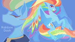 Size: 1920x1080 | Tagged: dead source, safe, artist:xigege, rainbow dash, pegasus, pony, g4, the last problem, blue background, bust, colored hooves, duality, eyes closed, female, mare, older, older rainbow dash, portrait, profile, rainbow power, simple background, smiling, solo