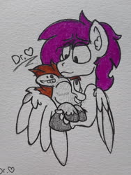 Size: 2576x1932 | Tagged: safe, artist:drheartdoodles, oc, oc only, oc:dr.heart, oc:vince, clydesdale, pegasus, pony, bust, hug, portrait, size difference, smiling, traditional art, winghug