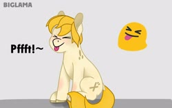 Size: 2560x1620 | Tagged: dead source, safe, artist:circumflexs, earth pony, pony, :p, emoji, eyes closed, female, mare, simple background, sitting, smiling, solo, spots, tail, text, tongue out, unshorn fetlocks, yellow mane