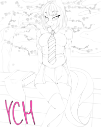 Size: 2800x3500 | Tagged: safe, artist:chapaevv, anthro, advertisement, cherry blossoms, clothes, commission, flower, flower blossom, high res, highschool, japanese, necktie, outdoors, sitting, solo, your character here