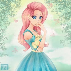 Size: 600x601 | Tagged: safe, artist:vilyann, part of a set, fluttershy, butterfly, human, g4, clothes, cute, dress, female, humanized, looking at you, shyabetes, solo