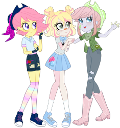 Size: 9401x10000 | Tagged: safe, artist:magicdarkart, oc, oc only, oc:breezy kiwi, oc:shiny apple (ice1517), oc:soda frosting, equestria girls, g4, absurd resolution, bandaid, bandaid on nose, bandana, blushing, boots, bowtie, clothes, commission, converse, cowboy boots, cowboy hat, ear piercing, earring, equestria girls-ified, female, fingerless gloves, flannel, freckles, gloves, hat, jeans, jewelry, open mouth, pants, piercing, rainbow socks, shirt, shoes, shorts, simple background, skirt, socks, striped socks, torn clothes, transparent background
