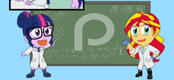 Size: 999x461 | Tagged: safe, artist:advanceddefense, artist:bluecarnationstudios, sci-twi, sunset shimmer, twilight sparkle, comic:the amazonian effect, equestria girls, g4, advertisement, amazonian, chalkboard, chibi, comic, looney tunes, patreon, patreon logo, patreon preview, preview, speedy gonzales