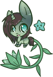Size: 193x279 | Tagged: safe, artist:14th-crown, oc, oc only, oc:lobo, oc:remy, original species, plant pony, augmented tail, chibi, horn, plant, simple background, smiling, stars, transparent background