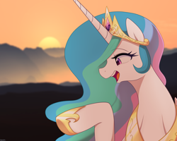 Size: 3000x2400 | Tagged: safe, artist:maren, princess celestia, alicorn, pony, g4, bust, female, high res, hoof shoes, jewelry, lidded eyes, mare, mountain, mountain range, open mouth, peytral, portrait, profile, raised hoof, regalia, smiling, solo, sun
