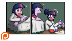 Size: 1009x575 | Tagged: safe, artist:advanceddefense, artist:bluecarnationstudios, sci-twi, twilight sparkle, comic:the amazonian effect, equestria girls, g4, bowtie, clothes, equipment, glasses, lab coat, open mouth, patreon, patreon logo, preview, science, test tube, twolight