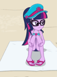 Size: 713x971 | Tagged: safe, screencap, sci-twi, twilight sparkle, equestria girls, equestria girls specials, g4, my little pony equestria girls: better together, my little pony equestria girls: forgotten friendship, adorasexy, animated, beach, beach towel, beautiful, beautisexy, clothes, cropped, cute, feet, female, flip-flops, gif, glasses, hat, legs, ponytail, sandals, sci-twi swimsuit, sexy, solo, swimsuit, thighs