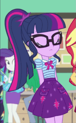 Size: 675x1080 | Tagged: safe, screencap, rainbow dash, rarity, sci-twi, sunset shimmer, twilight sparkle, equestria girls, equestria girls specials, g4, my little pony equestria girls: better together, my little pony equestria girls: forgotten friendship, adorkable, animated, clothes, cropped, cute, dork, female, gif, glasses, legs together, ponytail, sci-twi skirt, skirt, twiabetes