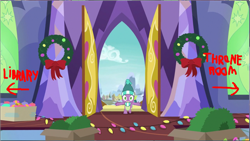 Size: 1285x725 | Tagged: safe, edit, edited screencap, screencap, spike, dragon, g4, my little pony best gift ever, christmas, christmas lights, christmas wreath, clothes, decoration, hat, holiday, main hall, male, scarf, solo, twilight's castle, winter outfit, wreath