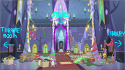 Size: 1285x725 | Tagged: safe, edit, edited screencap, screencap, spike, dragon, g4, my little pony best gift ever, candy, candy cane, christmas, christmas lights, christmas ornament, decoration, food, garland, holiday, main hall, male, solo, twilight's castle, wreath