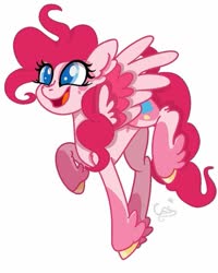 Size: 723x904 | Tagged: safe, artist:crazy spring surprise, pinkie pie, pegasus, pony, g4, cute, diapinkes, female, g5 concept leak style, g5 concept leaks, happy, hooves, mare, pegasus pinkie pie, pinkie pie (g5 concept leak), race swap, raised hoof, redesign, simple background, smiling, solo, spread wings, white background, wings