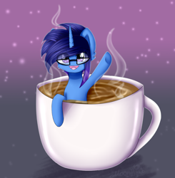 Size: 4000x4083 | Tagged: safe, artist:moonlightshelter, oc, oc only, oc:marquis majordome, pony, unicorn, bath, cup, cup of pony, cute, drink, food, glasses, horn, micro, solo, tea, underhoof, unicorn oc, waving