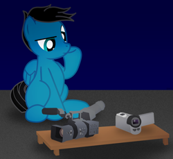 Size: 3600x3300 | Tagged: safe, artist:agkandphotomaker2000, oc, oc only, oc:pony video maker, pegasus, pony, camera, deciding, decision, film camera, high res, mini table, show accurate, solo, table, video camera
