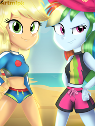 Size: 1536x2048 | Tagged: safe, artist:artmlpk, applejack, rainbow dash, equestria girls, g4, my little pony equestria girls: better together, applejack's beach shorts swimsuit, beach, beautiful, bikini, clothes, cute, dashabetes, digital art, dork, duo, duo female, female, jackabetes, looking at you, outfit, smiling, smiling at you, swimsuit