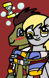 Size: 642x1024 | Tagged: safe, artist:cococandy2007, derpy hooves, doctor whooves, time turner, earth pony, pegasus, pony, g4, blushing, clothes, cute, female, fourth doctor's scarf, male, mare, red background, scarf, shared clothing, shared scarf, ship:doctorderpy, shipping, shirt, simple background, stallion, straight, striped scarf, suit