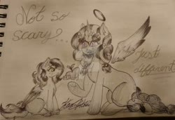 Size: 1920x1310 | Tagged: safe, artist:monse2001, oc, oc only, oc:apple blossom, oc:sugar cookie, ghost, pegasus, pony, undead, unicorn, angel's wings, blank flank, description is relevant, deviantart watermark, duo, female, filly, freckles, half-siblings, half-sisters, halo, mare, monochrome, obtrusive watermark, offspring, parent:big macintosh, parent:fluttershy, parent:sugar belle, parents:fluttermac, parents:sugarmac, partial color, pencil drawing, raised hoof, siblings, sisters, traditional art, watermark, wings