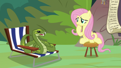 Size: 1920x1080 | Tagged: safe, screencap, antoine, fluttershy, pegasus, pony, python, snake, g4, she talks to angel, animal, beach chair, chair, duo, female, mare, sitting, stool