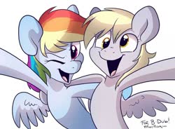 Size: 1024x755 | Tagged: safe, artist:pixel-prism, derpy hooves, rainbow dash, pegasus, pony, g4, duo, happy, one eye closed, open mouth, selfie, side hug, signature, smiling, wink