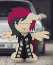 Size: 600x736 | Tagged: safe, artist:bastbrushie, part of a set, oc, oc only, oc:porsche speedwings, pegasus, pony, :p, adidas, adidas tracksuit, animated, blurry background, blushing, clothes, cute, floppy ears, gif, happy, hnnng, hoodie, hoof tapping, male, moving legs, pegasus oc, porsche 911, raspberry noise, sitting, spread wings, stallion, tan coat, tongue out, tracksuit, vibing, wings, ych result