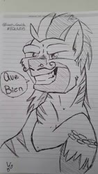 Size: 576x1024 | Tagged: safe, artist:lucas_gaxiola, oc, oc only, pony, facial hair, grin, lineart, lined paper, male, moustache, signature, smiling, solo, speech, stallion, traditional art, unshorn fetlocks