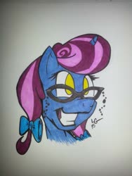 Size: 768x1024 | Tagged: safe, artist:lucas_gaxiola, oc, oc only, pony, unicorn, bow, bust, female, glasses, grin, hair bow, horn, mare, signature, smiling, solo, traditional art, unicorn oc