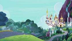 Size: 2100x1181 | Tagged: safe, screencap, g4, sweet and elite, canterlot, city, hill, no pony, road, scenery, tower, valley, waterfall