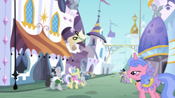 Size: 2000x1124 | Tagged: safe, screencap, caesar, count caesar, jet set, lyrica lilac, pish posh, royal ribbon, silver frames, swan song, upper crust, earth pony, pony, unicorn, g4, sweet and elite, background pony, banner, canterlot, choker, city, clothes, eyes closed, female, male, mare, nose in the air, saddle, stallion, street, sweater, tack