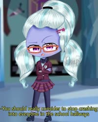 Size: 900x1126 | Tagged: safe, artist:eleo, sugarcoat, equestria girls, g4, chibi, clothes, crossed arms, crystal prep academy uniform, dialogue, female, looking at you, open mouth, raised eyebrow, school uniform, solo, sugarcoat being sugarcoat
